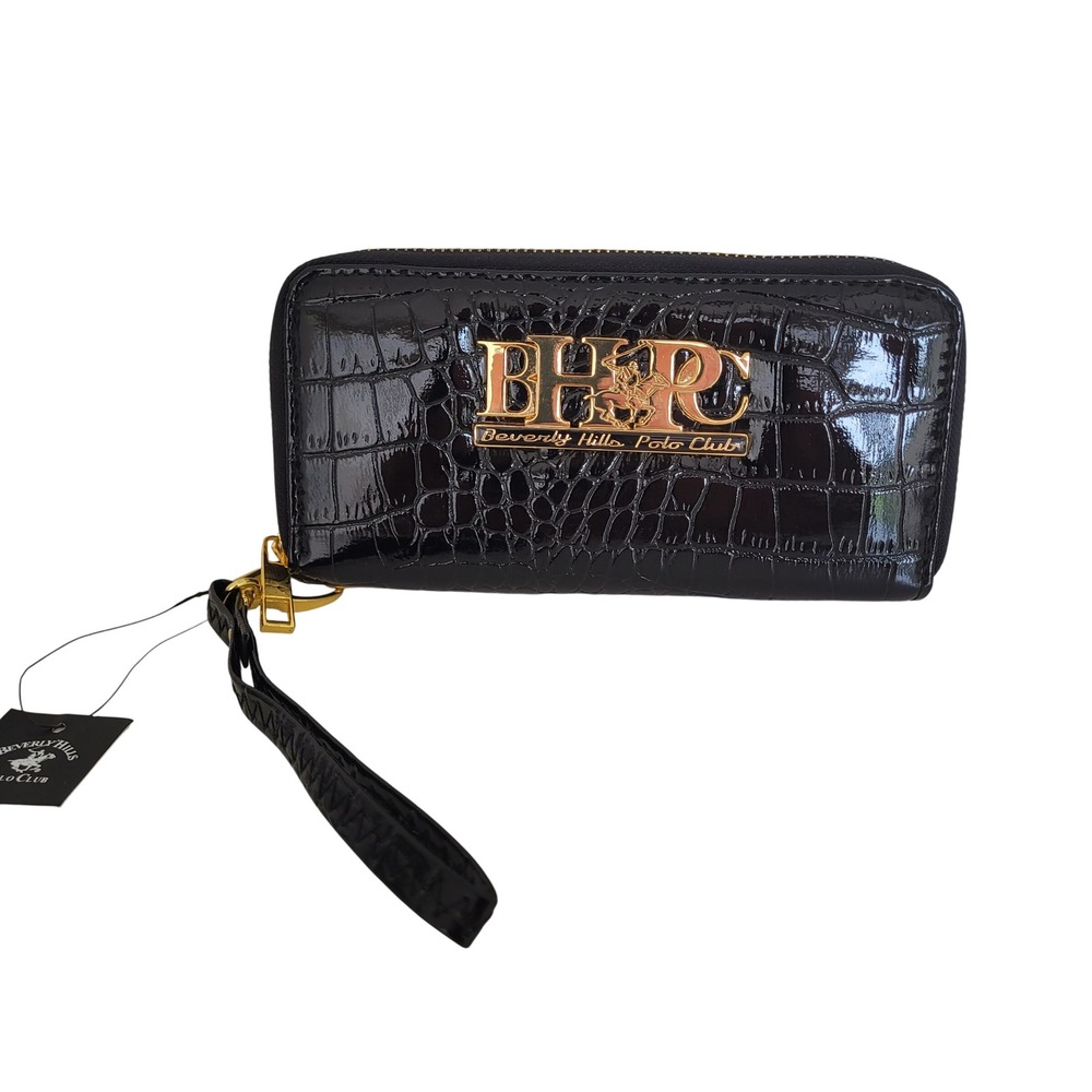 Beverly Hills Polo Club Black Croc Embossed Double Zip Wristlet Wallet BHPC New